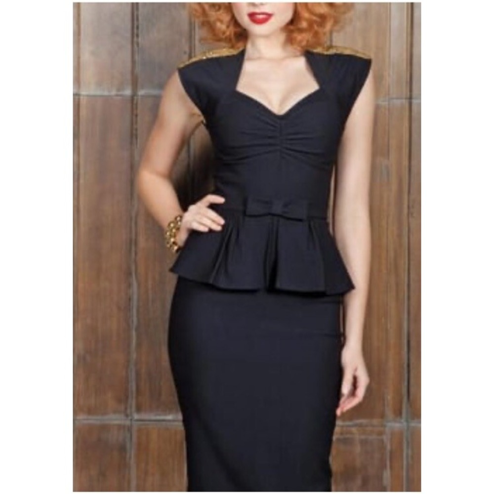 Stop Staring! Sweetheart Beaded Peplum Midi Fitted Black Dress Rockabilly L